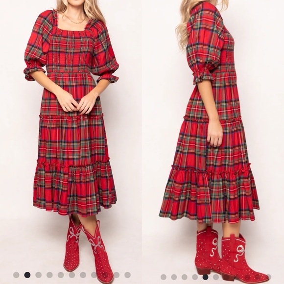 Ivy City Madeline Midi Dress Holiday Plaid Smocked Tiered Ruffle Trim Christmas - Picture 5 of 16